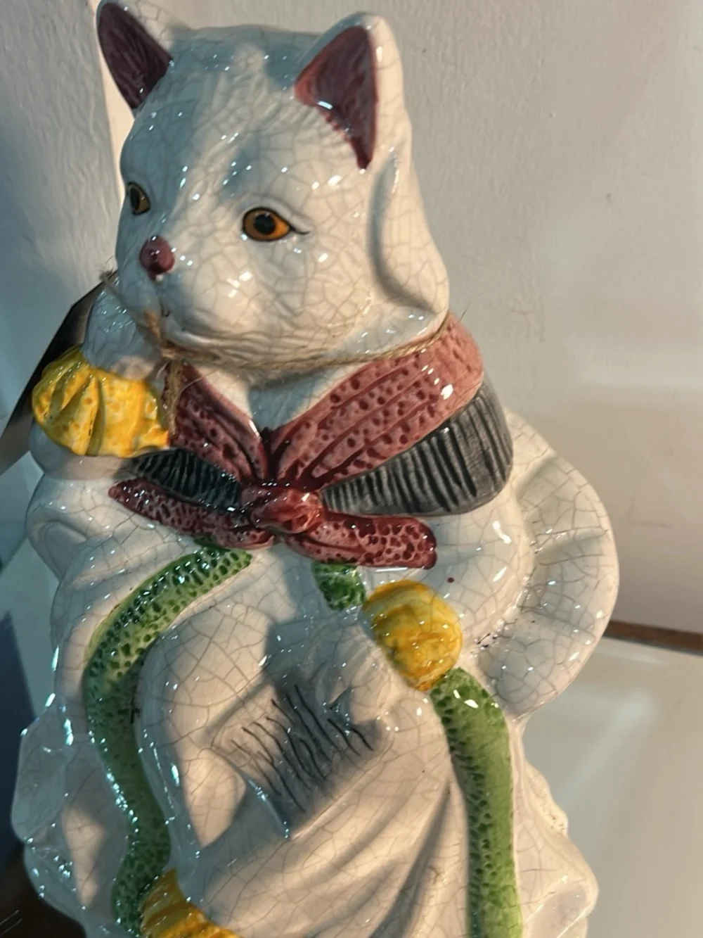 Beautiful Cat figurine in White with Green and Yellow Accents
